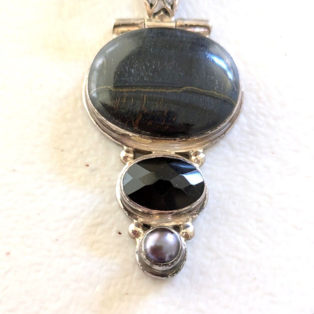 Vintage Sterling Silver 925 Large Pendant Stone Onyx Pearl Triple Drop Statement - Picture 2 of 12